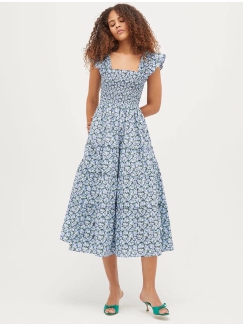 HILL HOUSE Home Ellie Smocked Floral Nap Midi Dress in Pansy Blue Multi Cotton